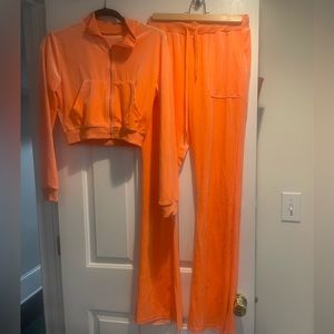 Orange velour/velvet long sleeve matching track suit